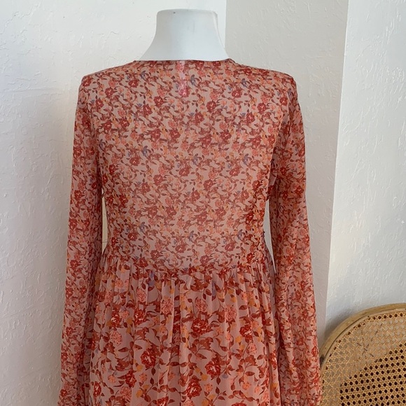 Sheer Fall Long Sleeve Maxi Dress Keyhole Ruffle Tiered Hem Prairie Cottagecore - Picture 8 of 10